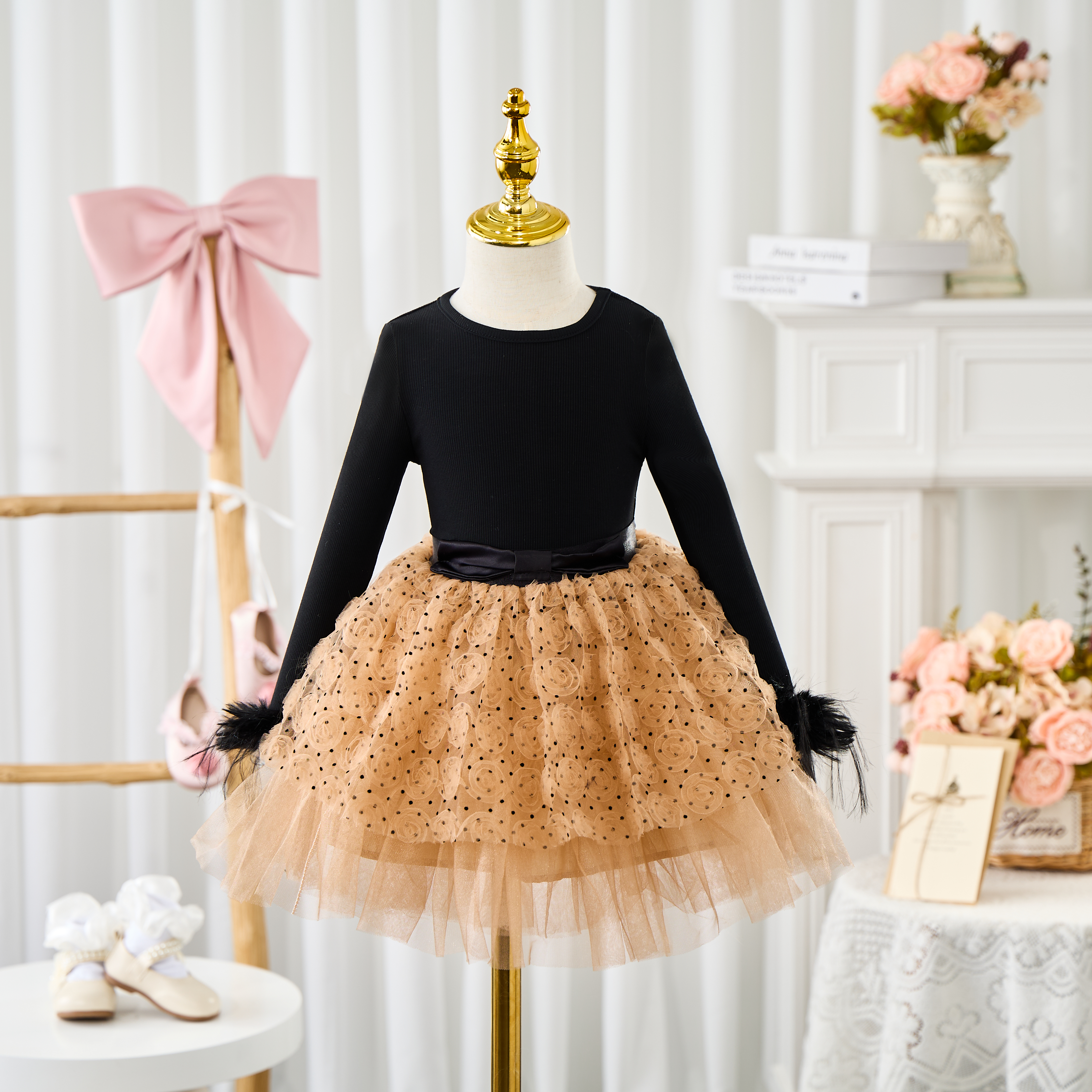Knitted Feather-trimmed Long Sleeve Midi Tops&skirts Set - image 2