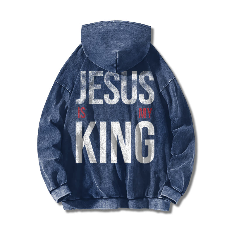 Jesus Is My King Distressed Printed Washed Hoodie  - Blue - US16-18(2XL) - image 4