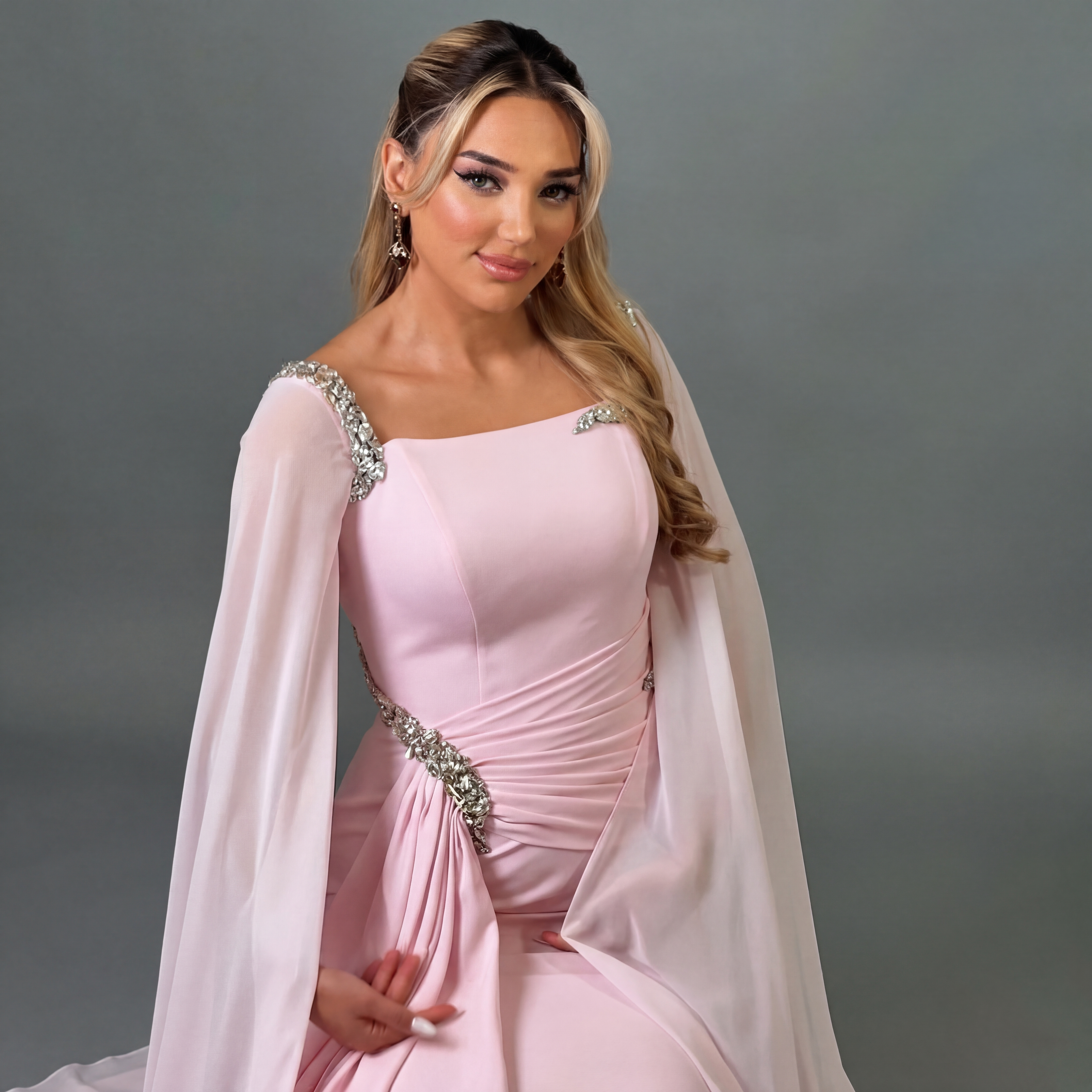 Chiffon Rhinestone Extra-long Sleeve Maxi Dresses - image 4