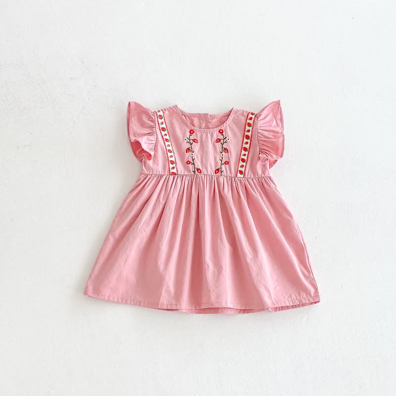 Toddler Embroidered Strawberry Ruffle Sleeves Dress - Pink - 8Y - image 21
