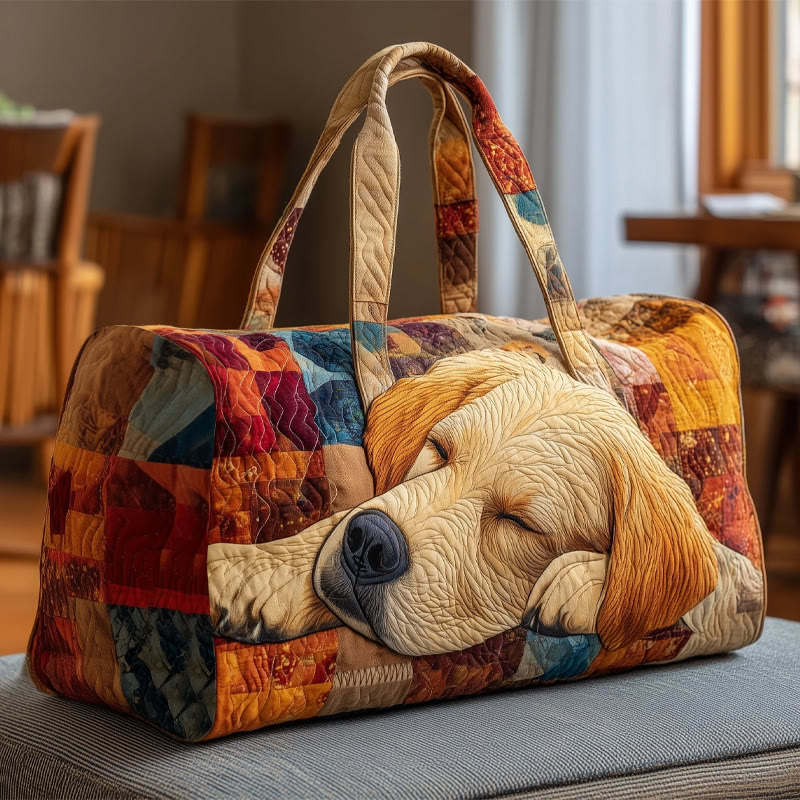 Cute Golden Retriever Patchwork Pattern Print Quilted Duffle Bag - Apricot - one size - image 1