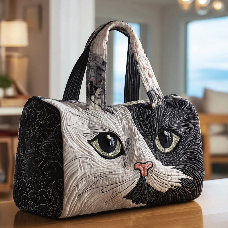 Cute Black And White Cats Pattern Print Quilted Duffle Bag - White - one size - image 1