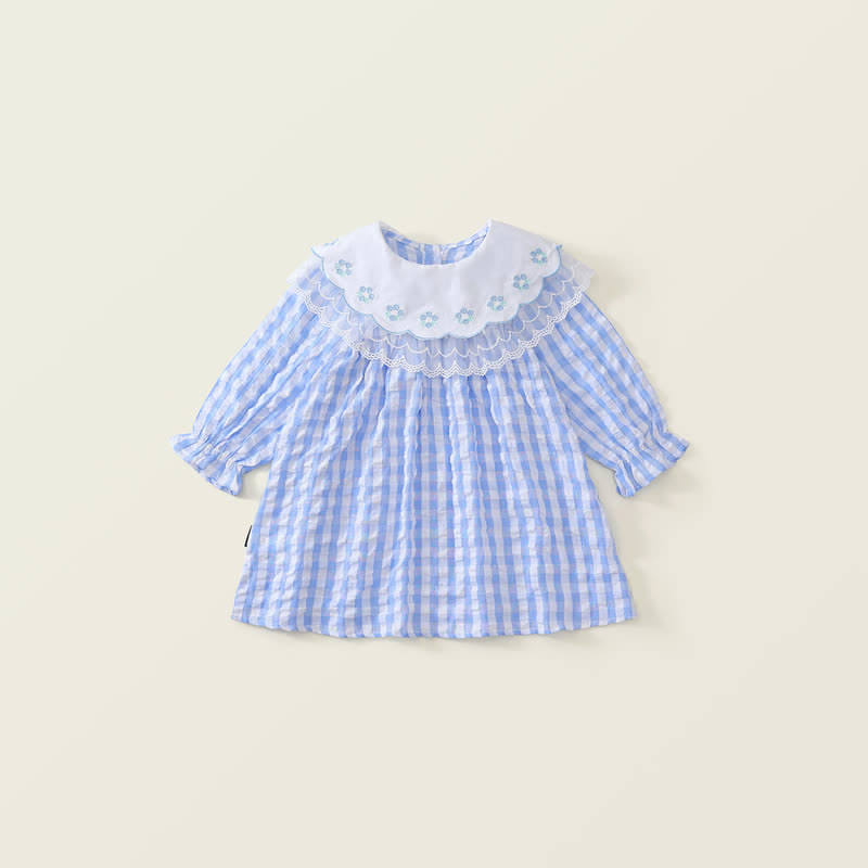 Toddler Blue Plaid Flower Lace Lapels Dress - Blue - 10Y - image 1