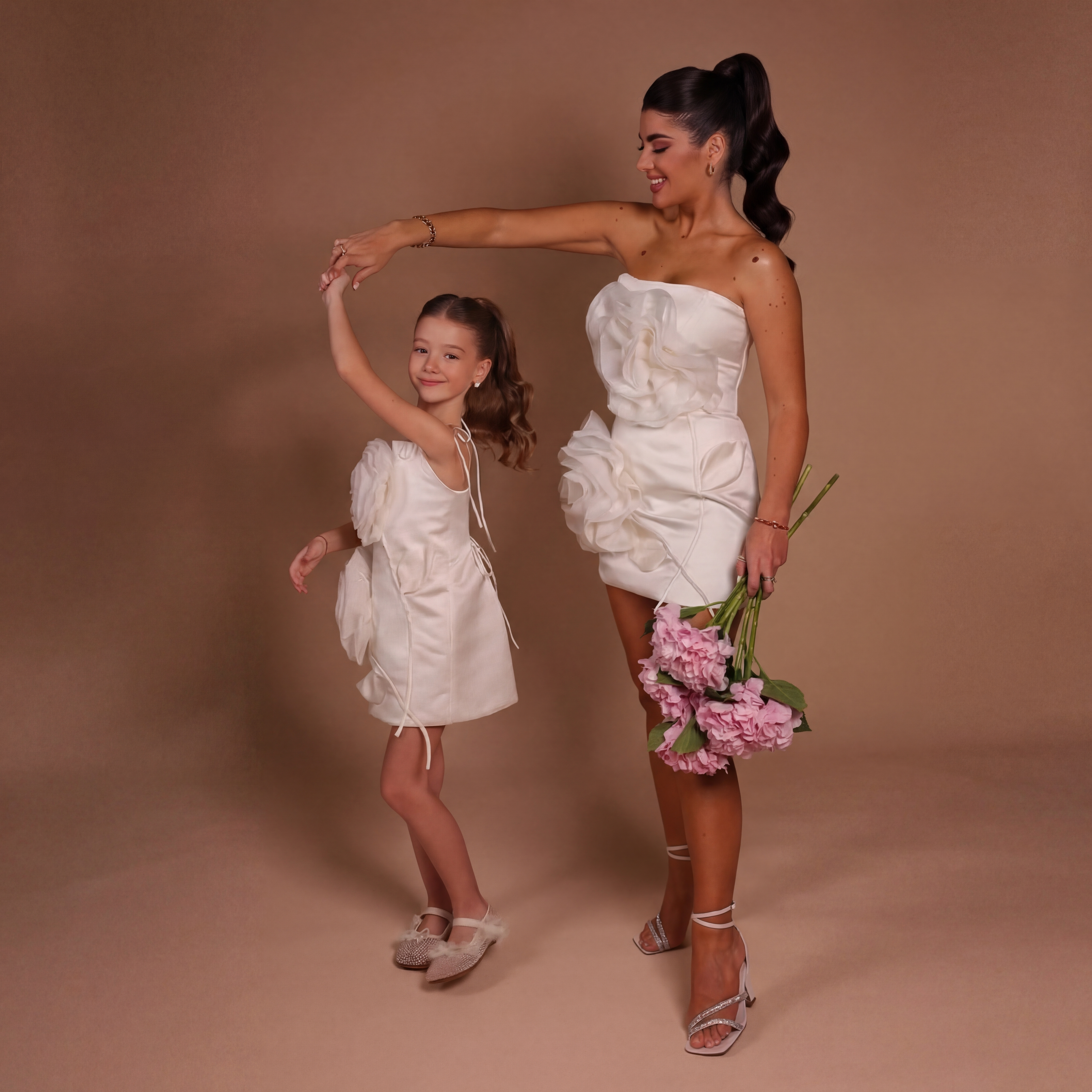 Satin Rosette Sleeveless Short Dresses - Beige - XL - image 1