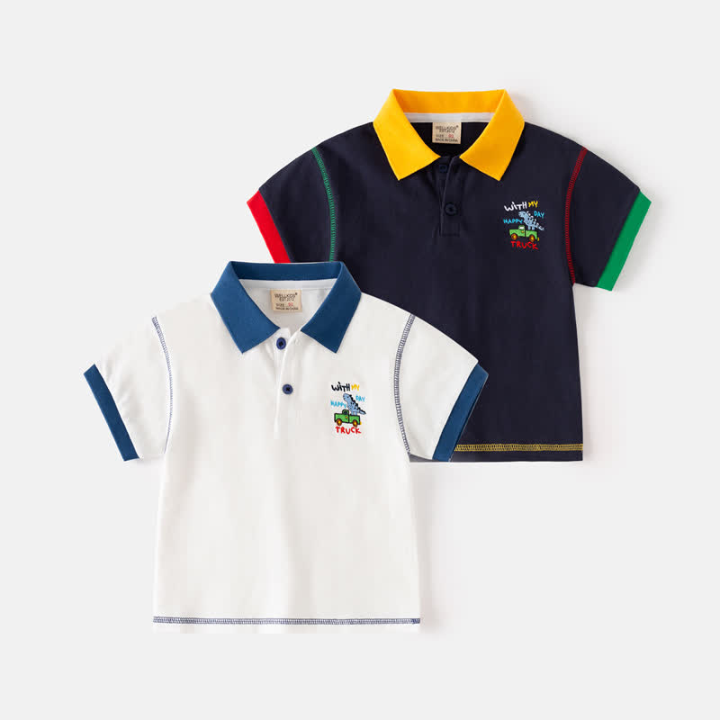 Kid Boy Embroidered Dinosaur Truck Polo Shirt - image 1