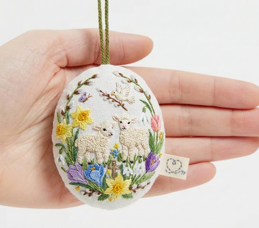 Rubbyoo Easter Egg Embroidery Kit - Flowers And Sheep | Design Hanging Decoration |  Children's Gifts - 4 inches hoop kit - image 1