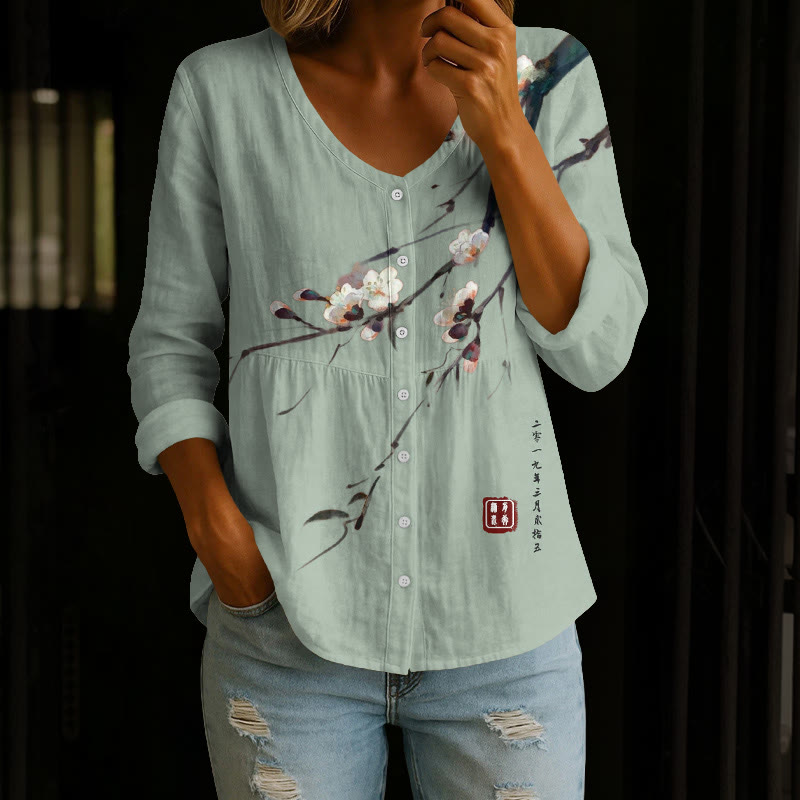 Vintage Plum Blossom Art Print Button V-neck A-line Long Sleeve Blouse - Green - 4XL - image 5