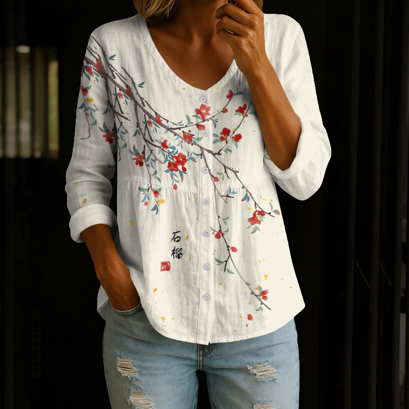 Women's Japanese Art Floral Vintage Print Button V-neck A-line Long Sleeve Blouse - Apricot - 4XL - image 1