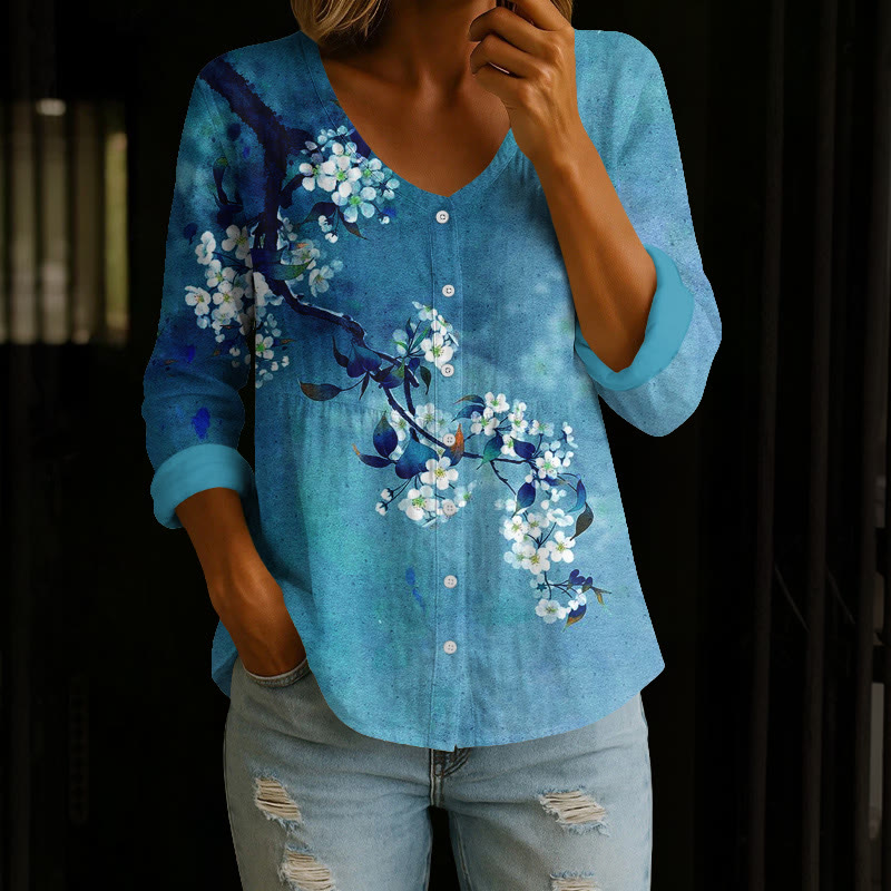 Japanese Antique Pear Blossom Ink Painting Print Button V-neck A-line Long Sleeve Blouse - Blue - 4XL - image 2