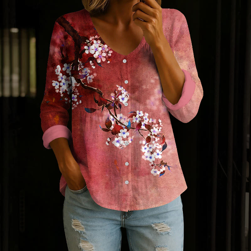 Japanese Antique Pear Blossom Ink Painting Print Button V-neck A-line Long Sleeve Blouse - Red - 4XL - image 5