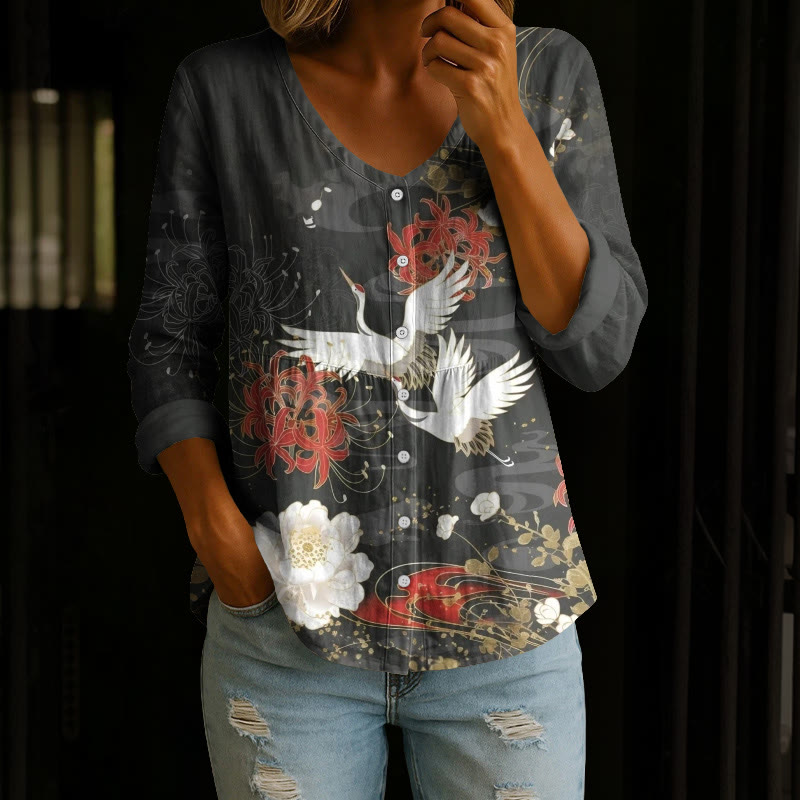 Japanese Peony And Crane Print Button V-neck A-line Long Sleeve Blouse - Black - 4XL - image 1