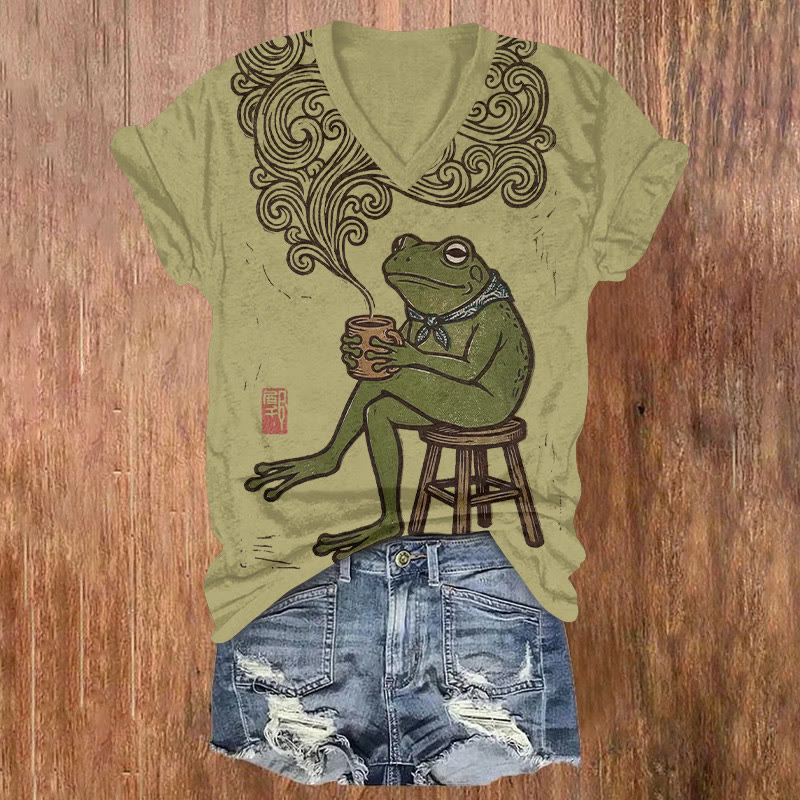 Japanese Retro The Contented Frog Pattern Print Short Sleeved V-neck T-shirt - Green - US32-34(5XL) - image 2