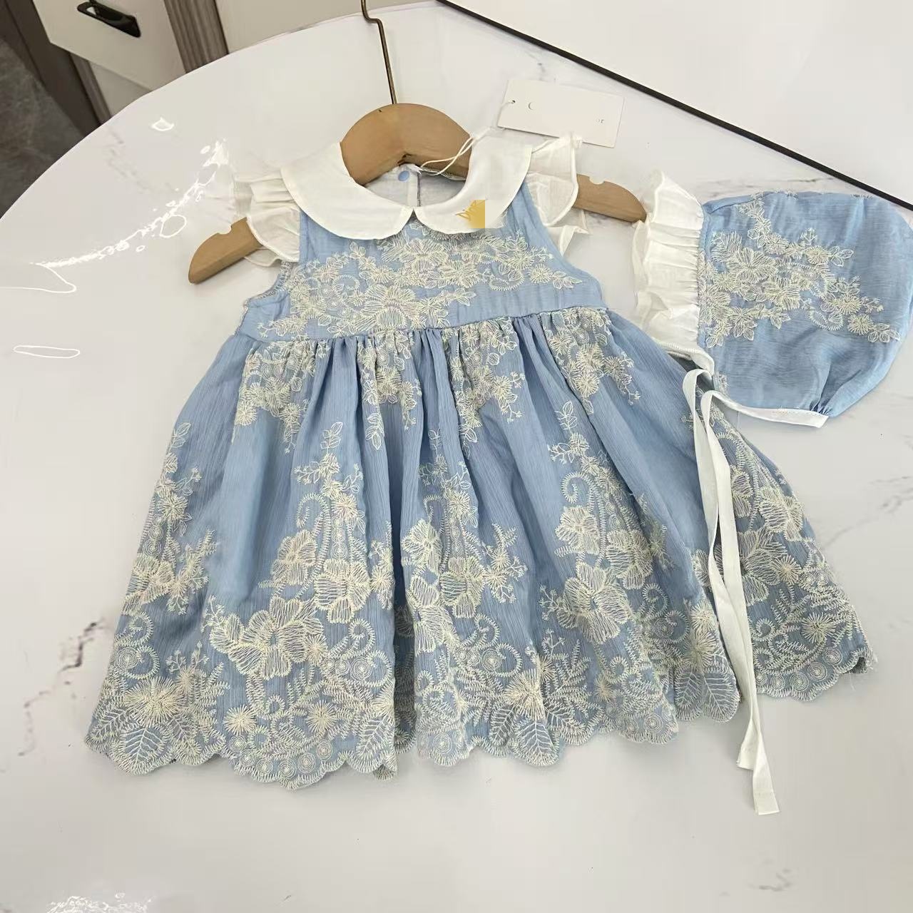 100% Cotton Embroidery Cap Sleeve Midi Dresses - Light Blue - 12-18M - image 1