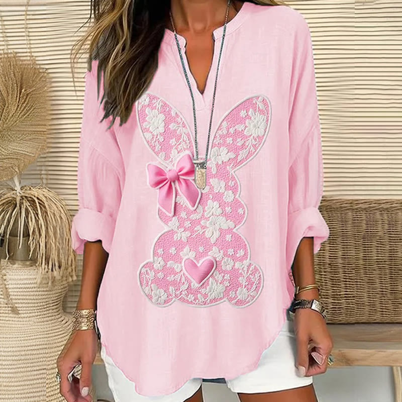 Pink Floral Bunny Bow Art Print V Neck Long Sleeve Blouse - Pink - 8XL - image 1