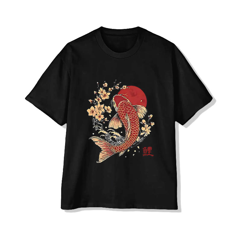 Unisex Japanese Koi Print Short Sleeved Crew Neck T-shirt - Black - 2XL - image 3