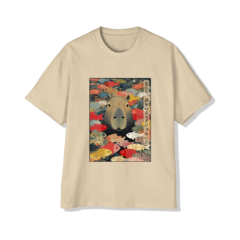 Unisex Funny Capybara Print Short Sleeved Crew Neck T-shirt - Apricot - 2XL - image 4