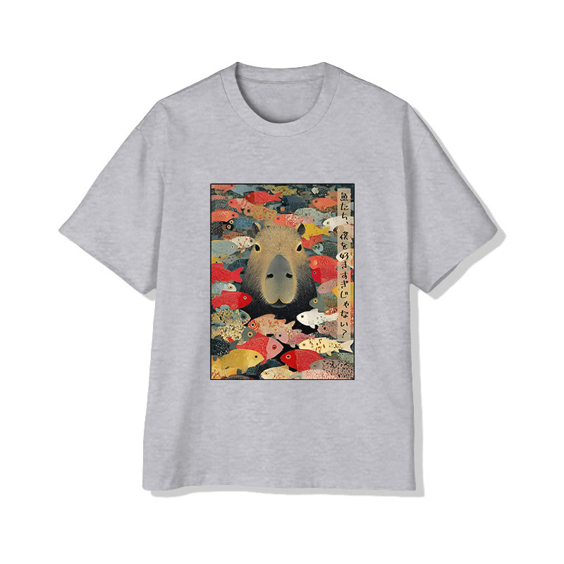 Unisex Funny Capybara Print Short Sleeved Crew Neck T-shirt - Grey - 2XL - image 3