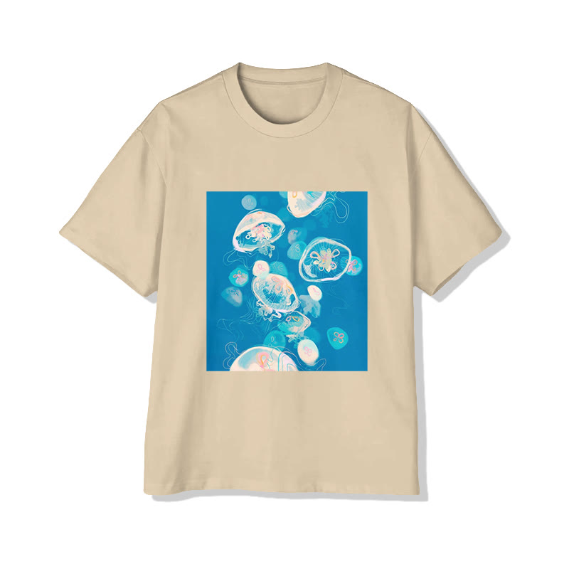 Unisex Jellyfish Print Short Sleeved Crew Neck T-shirt - Apricot - 2XL - image 4