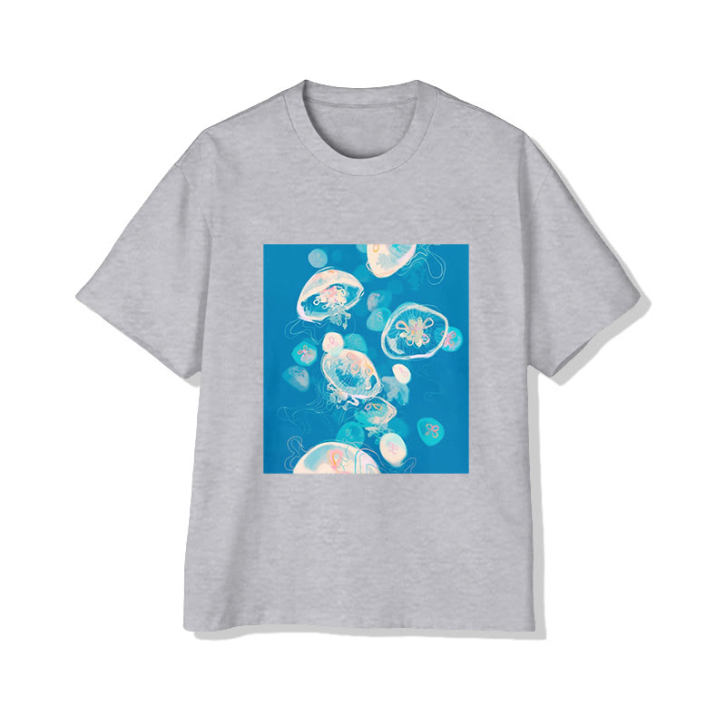 Unisex Jellyfish Print Short Sleeved Crew Neck T-shirt - Grey - 2XL - image 3