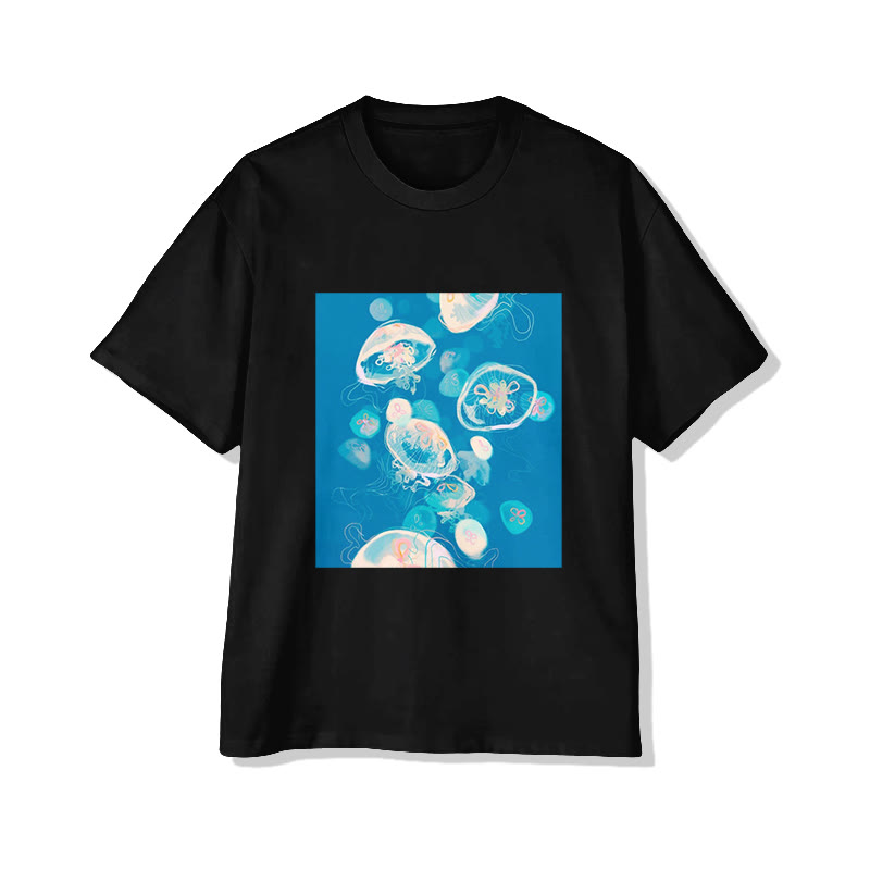 Unisex Jellyfish Print Short Sleeved Crew Neck T-shirt - Black - 2XL - image 2