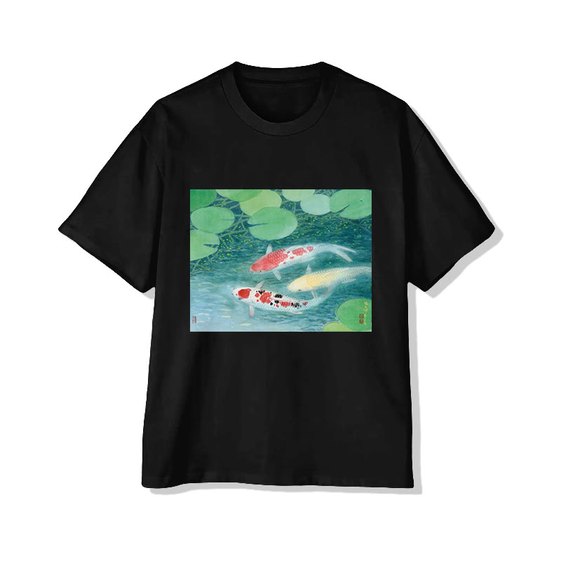Unisex Pond Koi Print Short Sleeved Crew Neck T-shirt - Black - 2XL - image 2