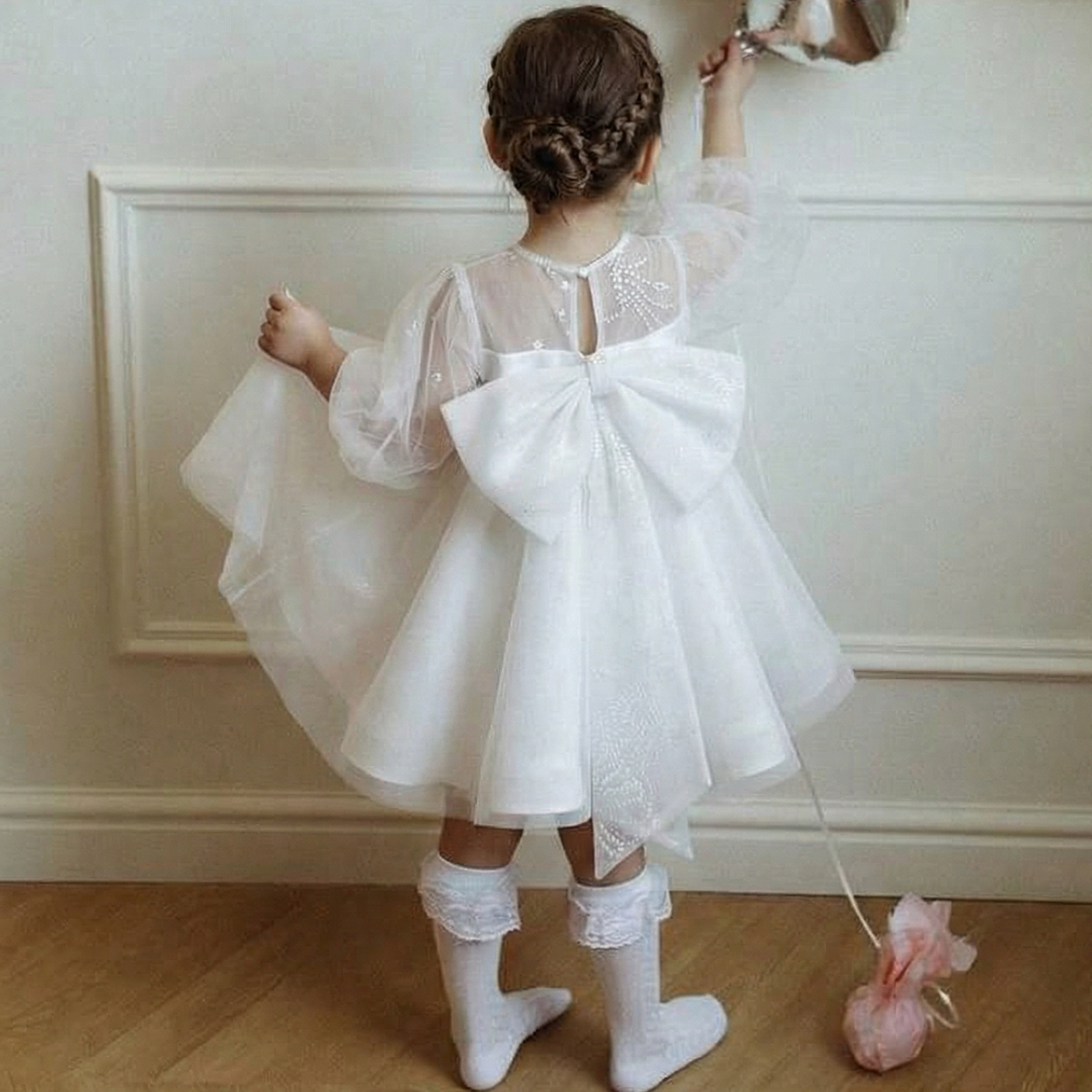 Mesh Bow Long Sleeve Midi Dresses - White - 11-13Y - image 1