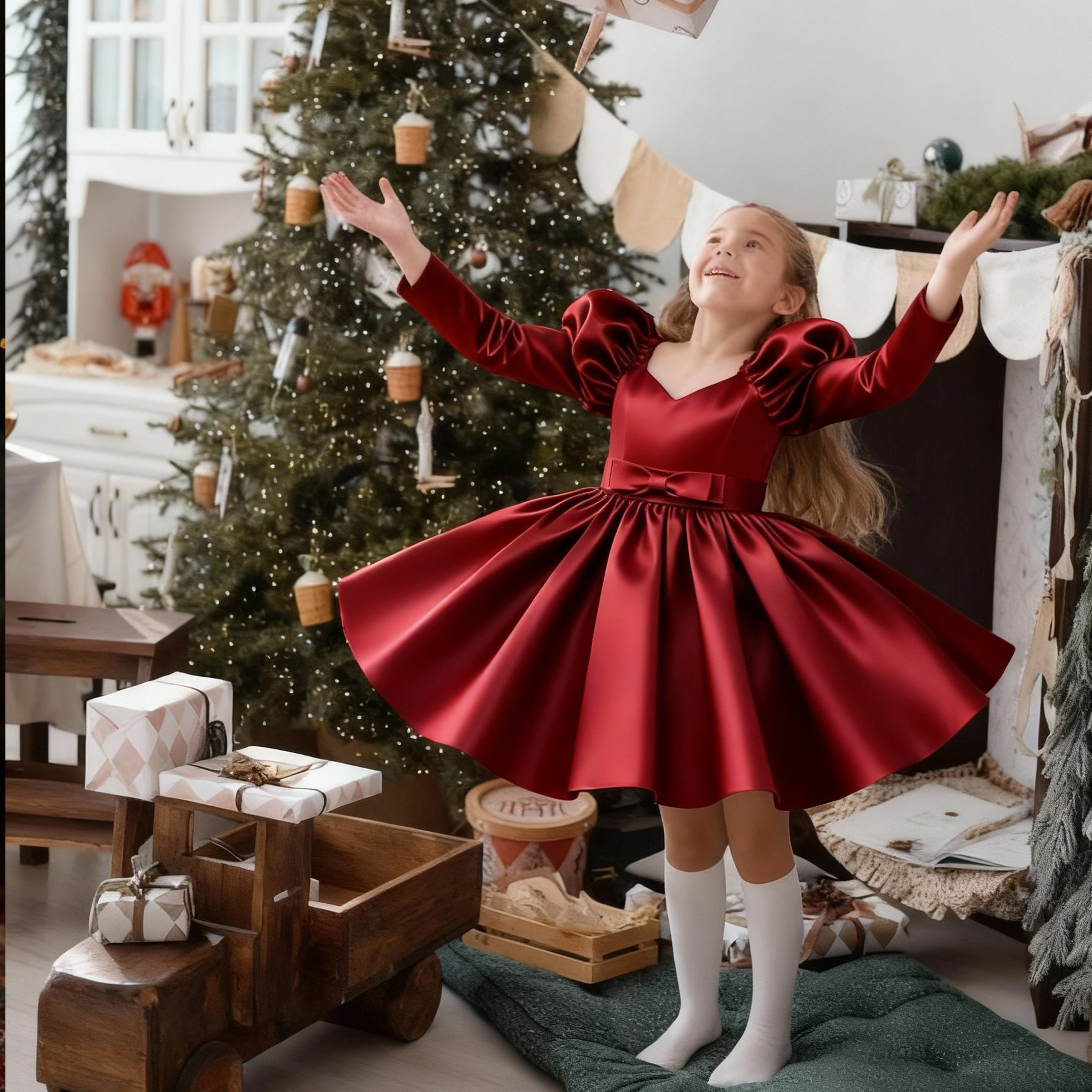 Satin Bow Long Sleeve Midi Dresses - image 1