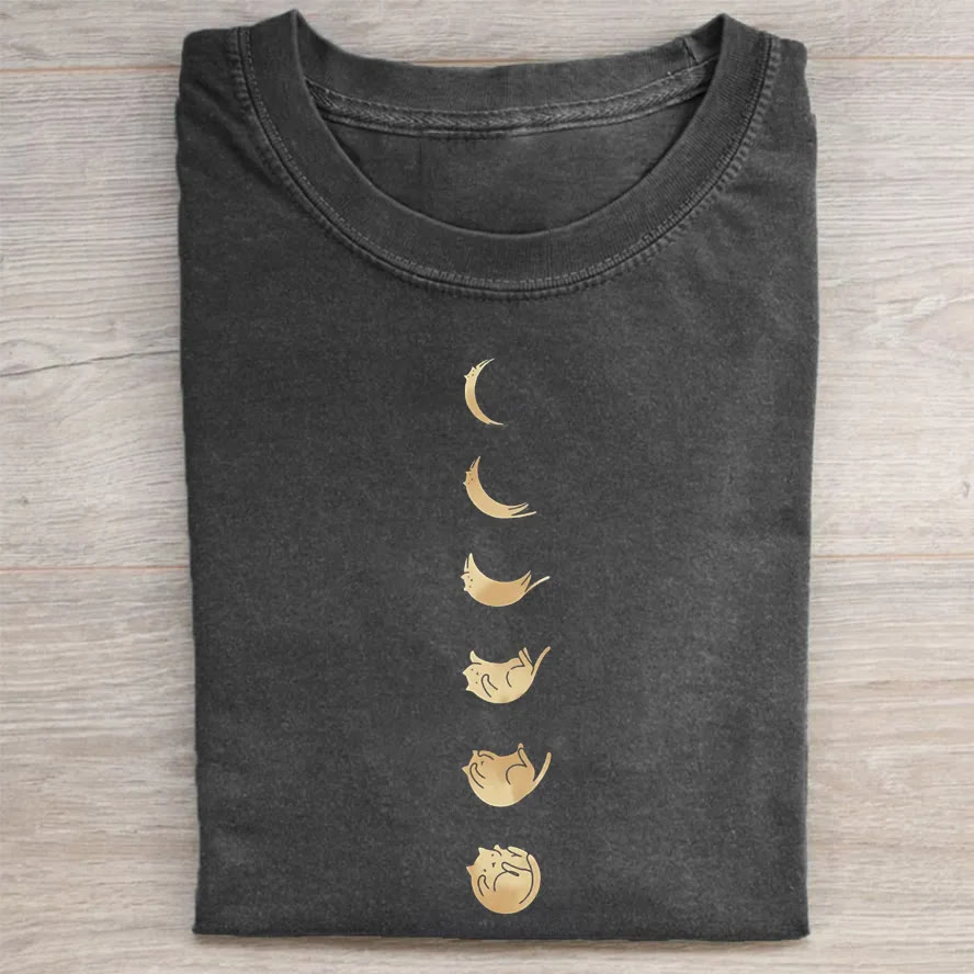 Cat Moon Phases Print Acid Washed T-shirt - Black - US20-22(3XL) - image 1
