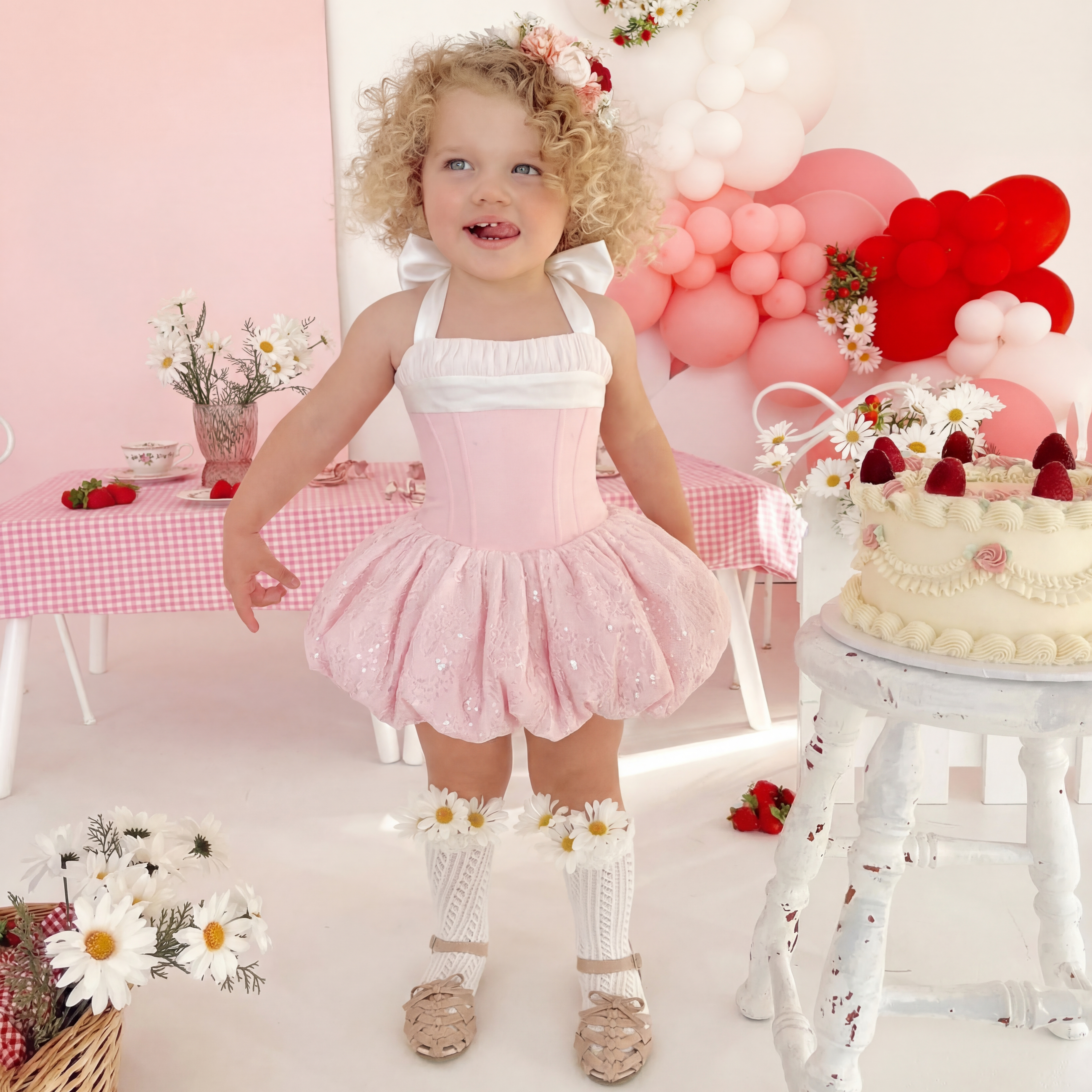 Satin & Lace Grommets Button Lace-up Lace Sleeveless Short Dresses - Pink - 4Y - image 1