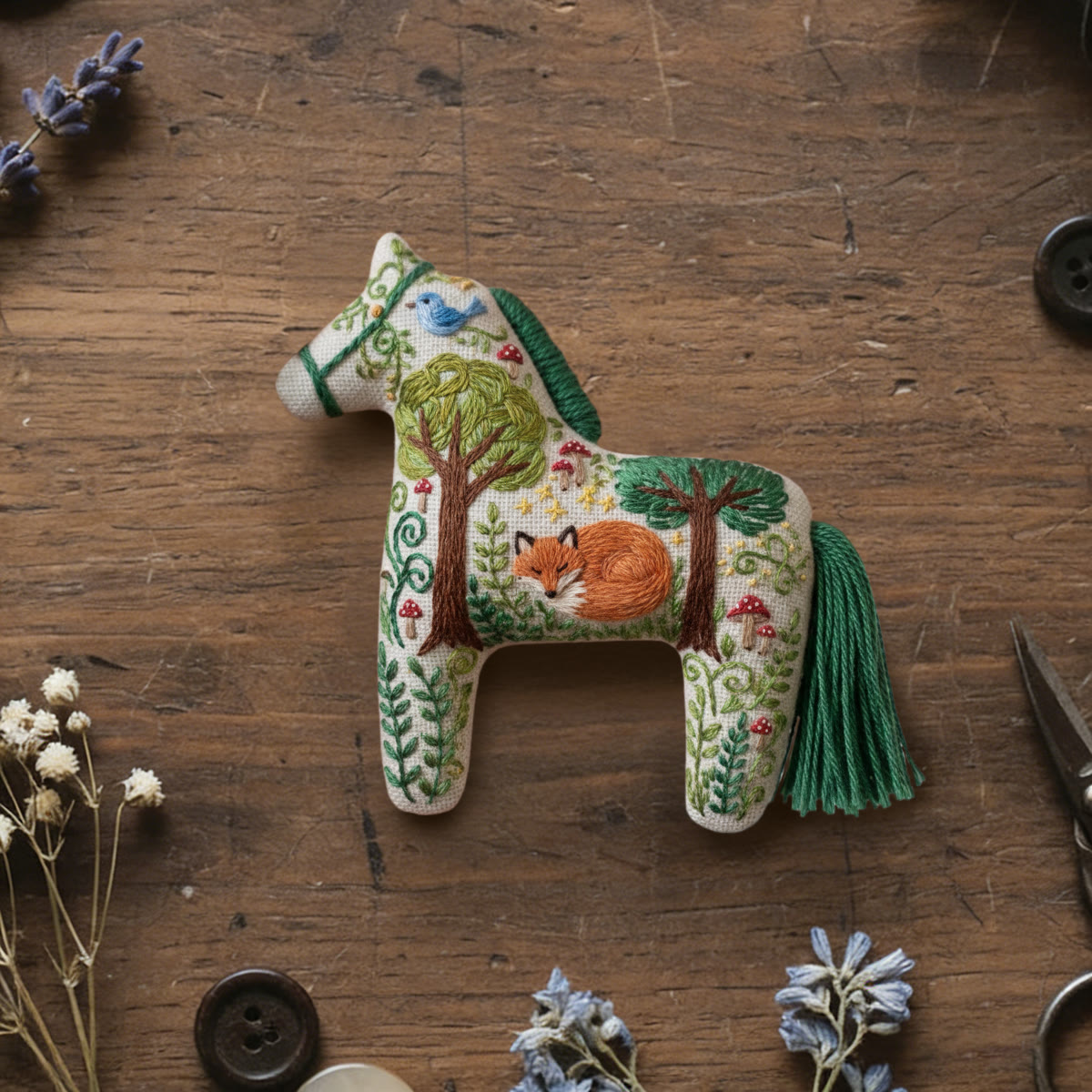 Rubbyoo Dala Horse Embroidery Kit - Bird And Fox | Nature Lover Gift | Fairy-tale Home Decor  - 6 inches hoop kit - image 1