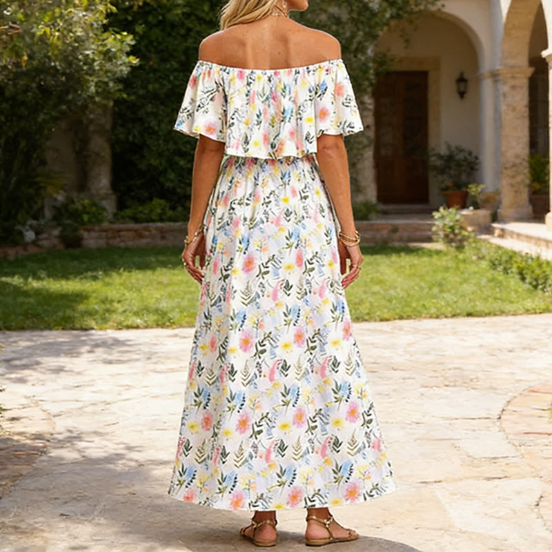 Elegant Watercolor Floral Print Off-the-shoulder Short-sleeve Maxi Dress - image 2