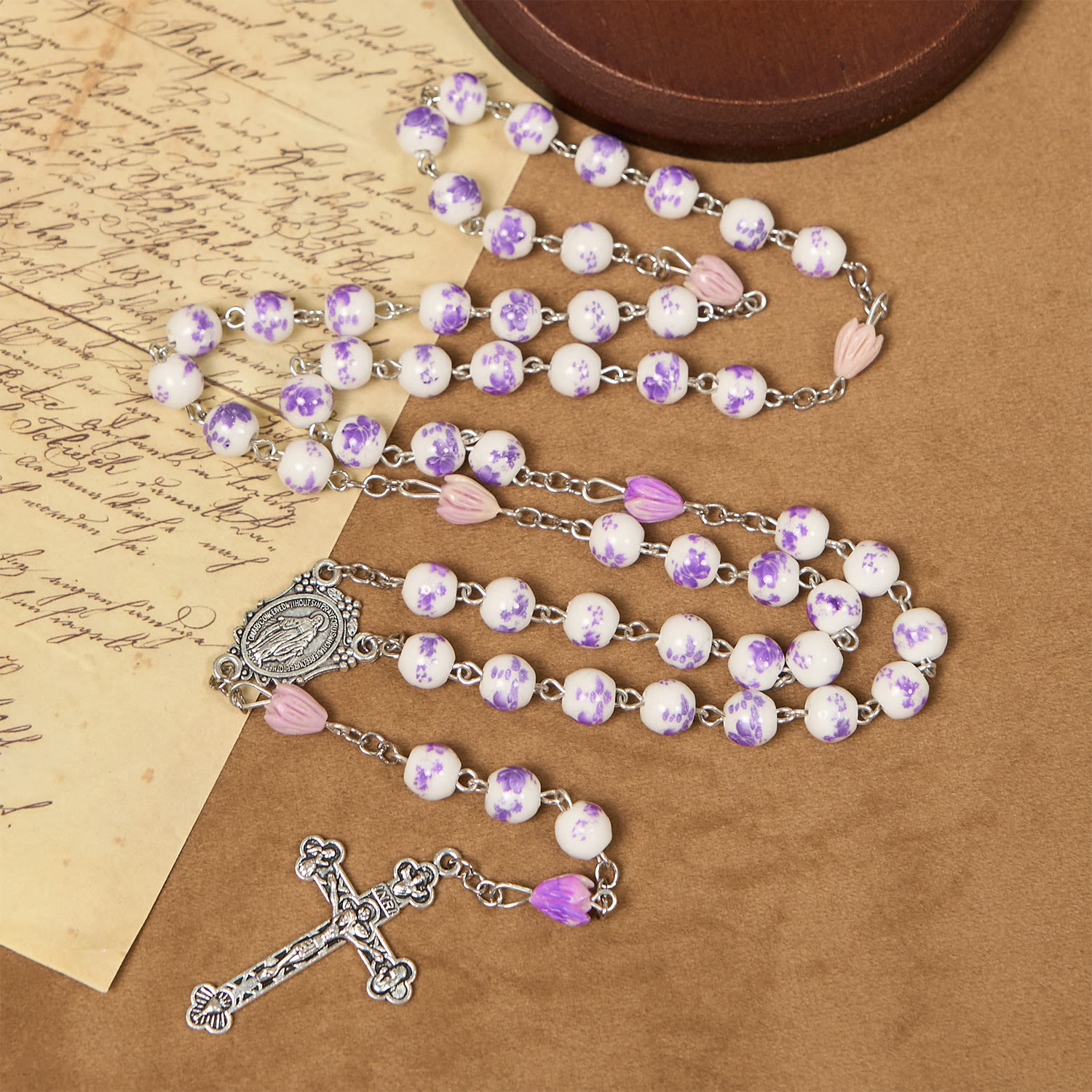 Handmade 8mm Purple Floral Ceramic Rosary with Miraculous Medal