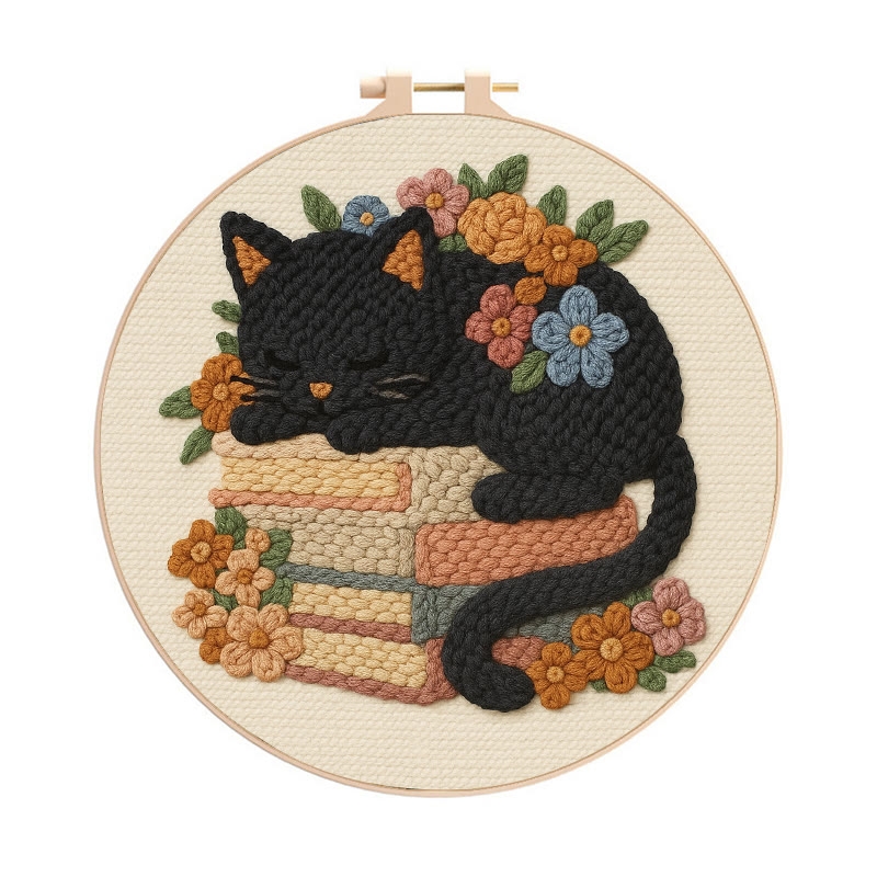 Sleeping Cat Punch Needle Kit - Helloween Decorative Craft | Diy Animal Artwork - 8 inch Hoop Kit - image 1