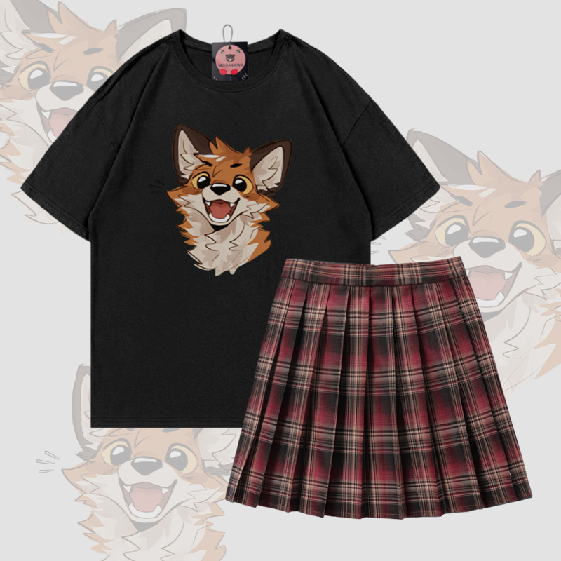MODAKAWA X atka Happy Fox Graphic 100% Baumwolle T-Shirt und karierter Rock Zweiteiliges Set - Set B - 5XL - image 2