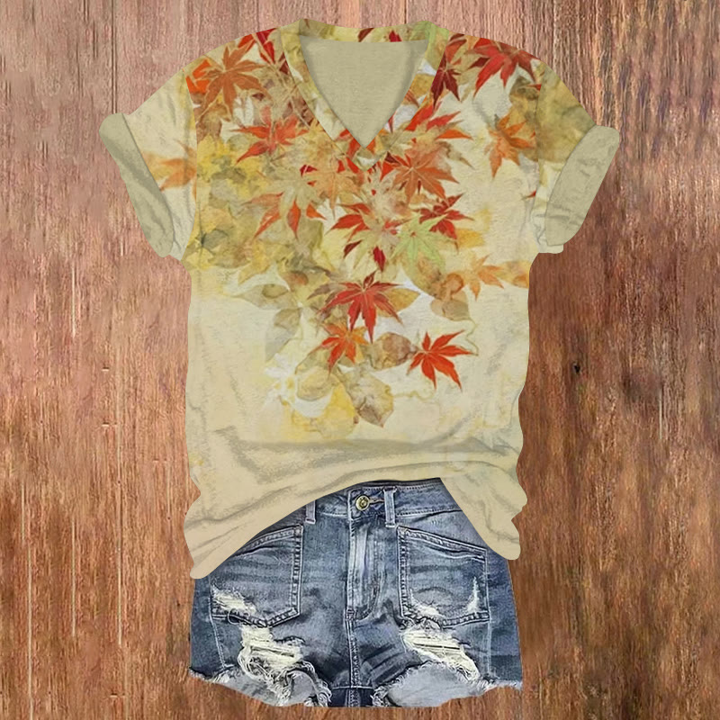 Japanese Zen-inspired Maple Leaf Rock Art Pattern Print Short Sleeved V-neck T-shirt - Apricot - US32-34(5XL) - image 1