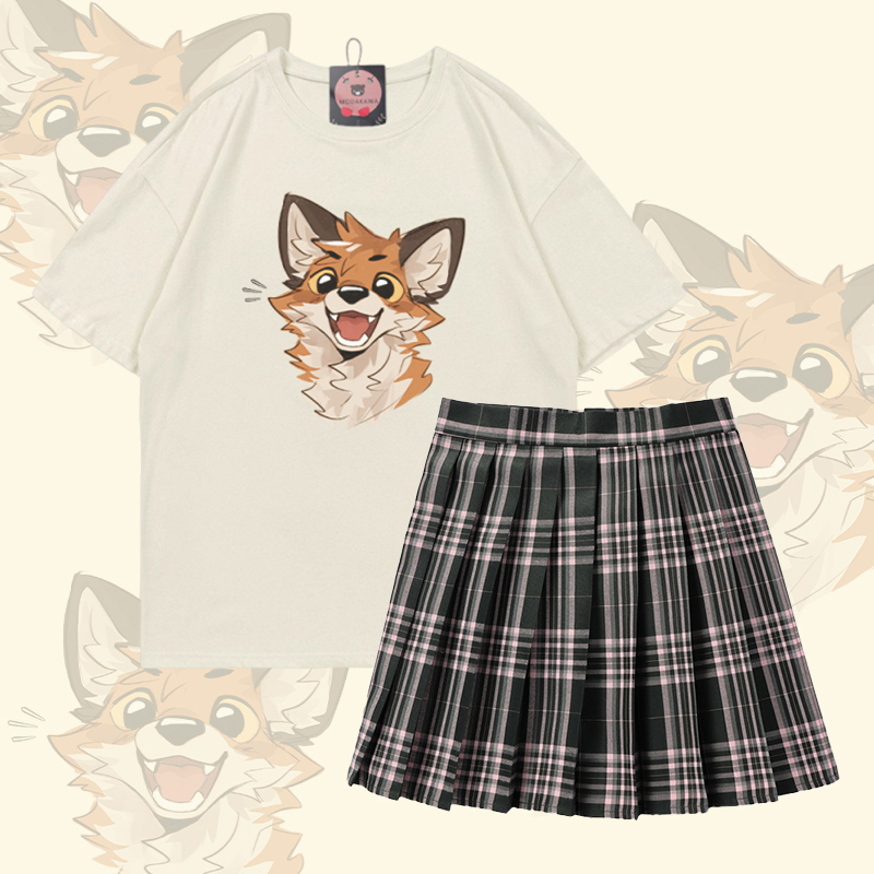 MODAKAWA X atka Happy Fox Graphic 100% Baumwolle T-Shirt und karierter Rock Zweiteiliges Set - Set C - 5XL - image 3