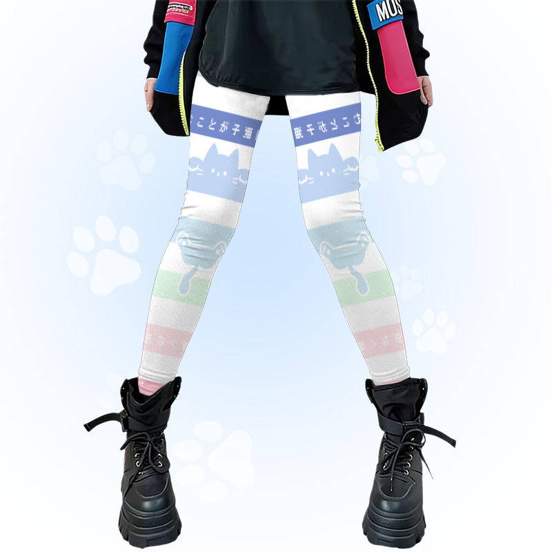 猫の足跡柄入りModakawa裏地付きカラーブロックストレッチレギンス - White A - 4XL - image 3