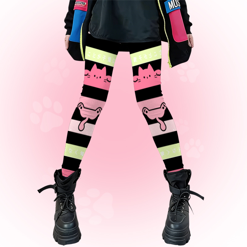 猫の足跡柄入りModakawa裏地付きカラーブロックストレッチレギンス - Black A - 4XL - image 1