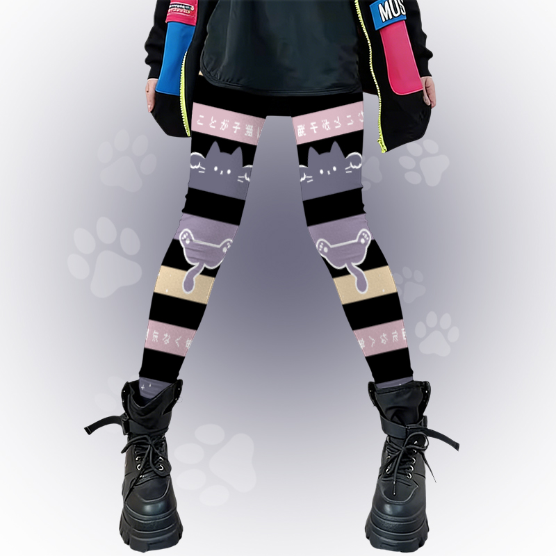 猫の足跡柄入りModakawa裏地付きカラーブロックストレッチレギンス - Black B - 4XL - image 2