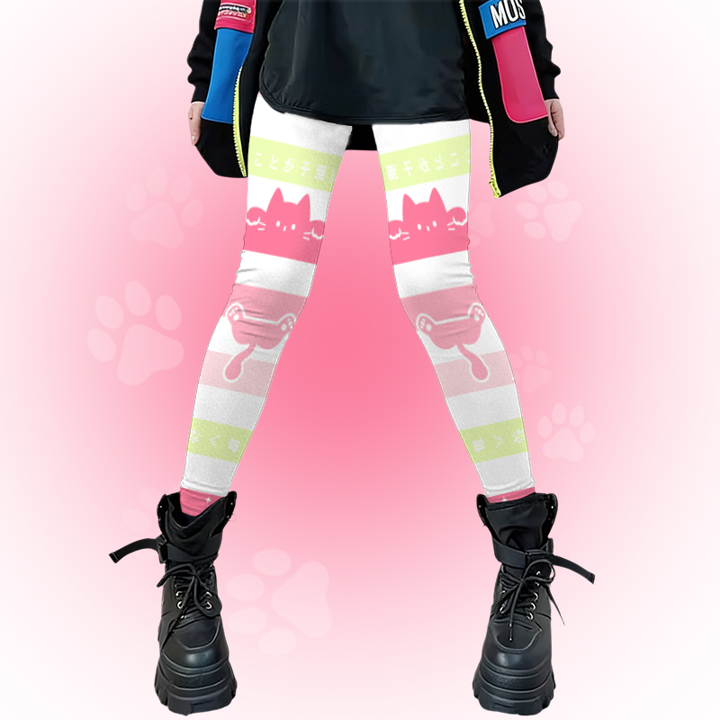 猫の足跡柄入りModakawa裏地付きカラーブロックストレッチレギンス - White B - 4XL - image 4