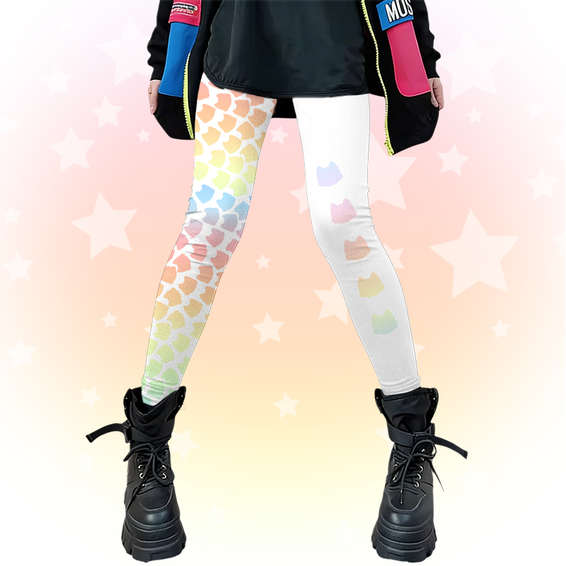 レインボーキャット柄Modakawa裏地付きカラーブロックストレッチレギンス - White - 4XL - image 1