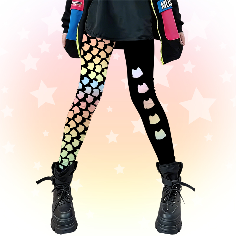 レインボーキャット柄Modakawa裏地付きカラーブロックストレッチレギンス - Black - 4XL - image 2