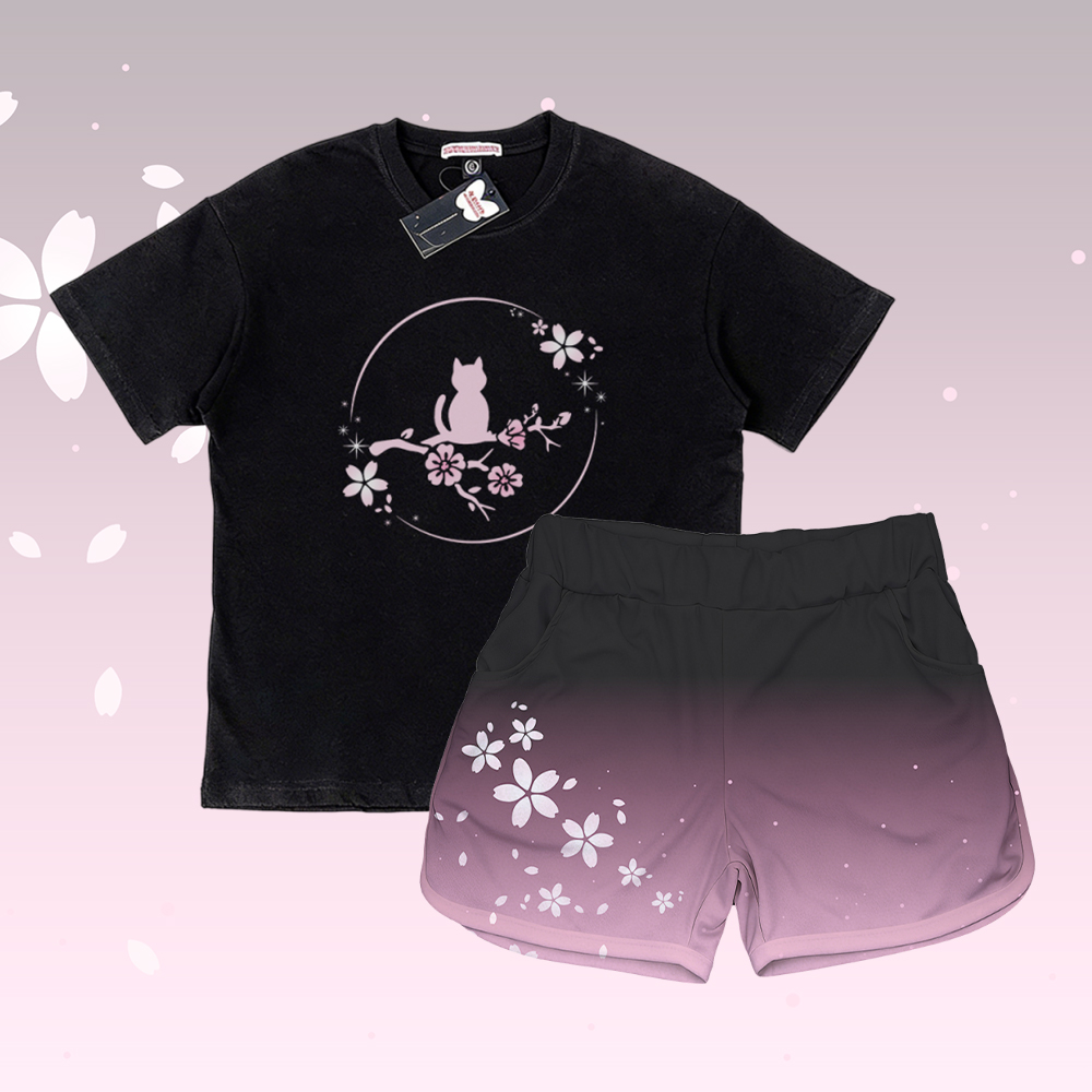 Sakura Katzen-Grafik T-Shirt aus 100 % Baumwolle, passende Shorts mit Farbverlauf und Modakawa-Outfit - Set C - 5XL - image 3