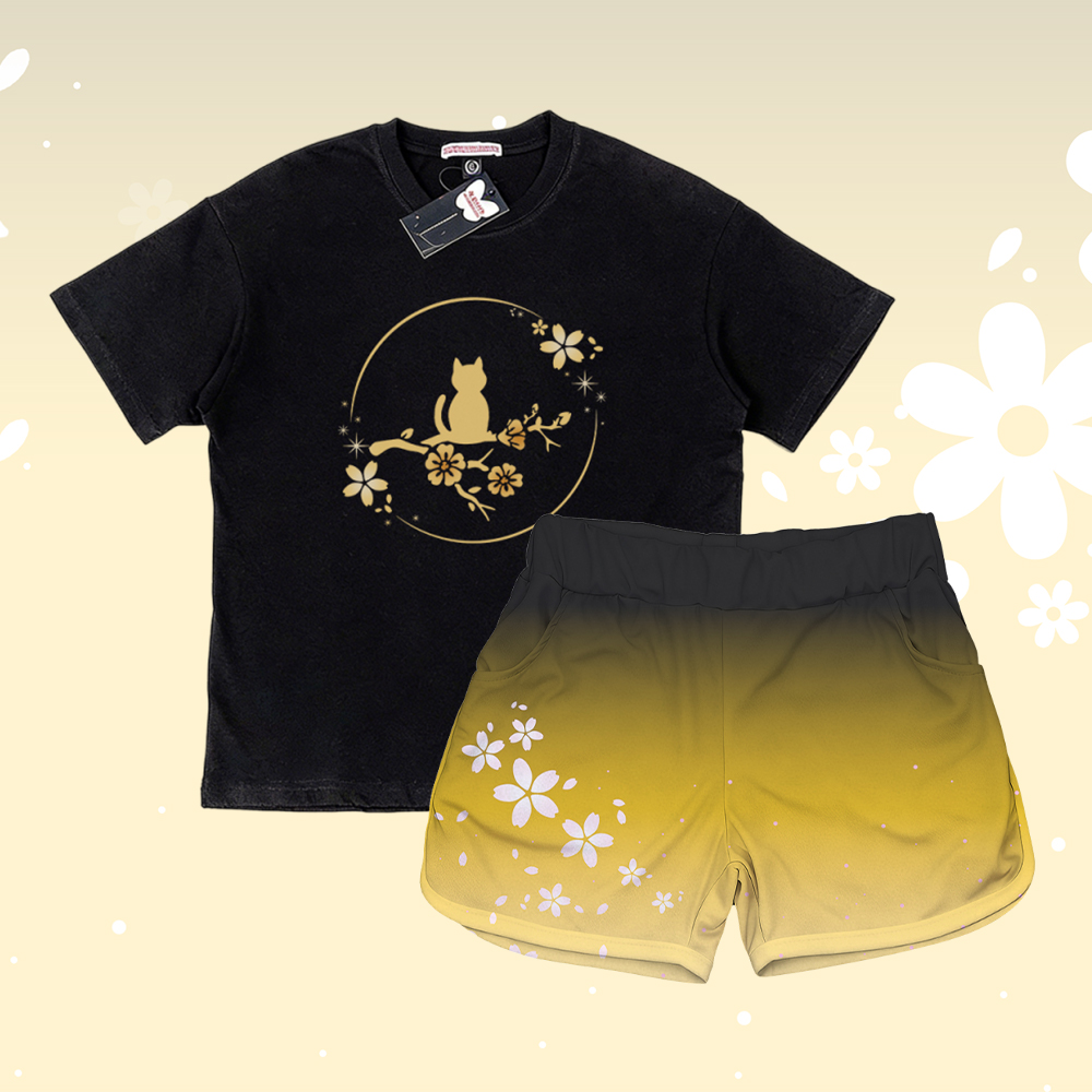 Sakura Katzen-Grafik T-Shirt aus 100 % Baumwolle, passende Shorts mit Farbverlauf und Modakawa-Outfit - Set B - 5XL - image 2