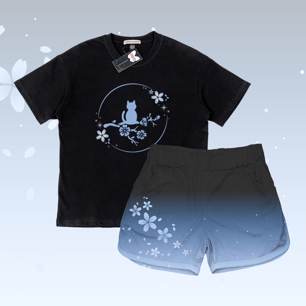 Sakura Katzen-Grafik T-Shirt aus 100 % Baumwolle, passende Shorts mit Farbverlauf und Modakawa-Outfit - Set A - 5XL - image 1