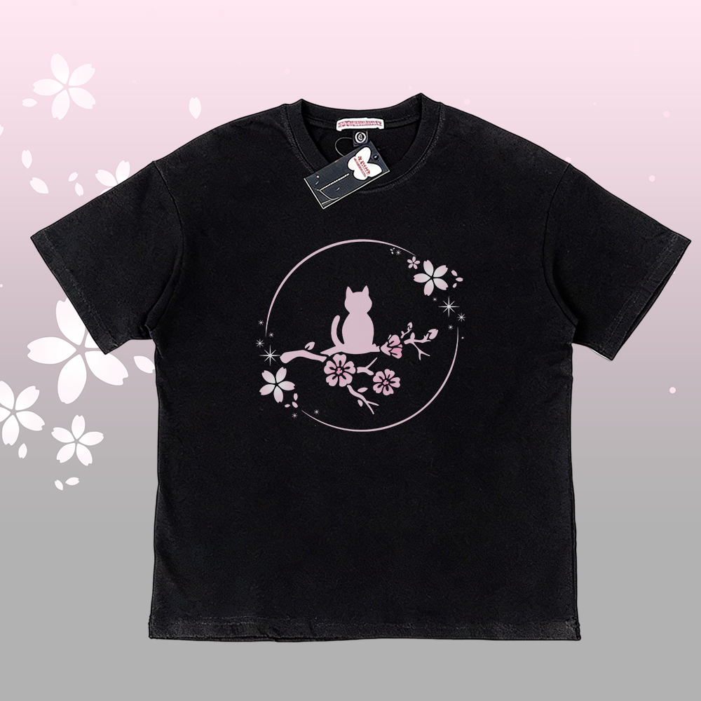 Sakura Katzen-Grafik T-Shirt aus 100 % Baumwolle, passende Shorts mit Farbverlauf und Modakawa-Outfit - Black C T-shirt - 5XL - image 6