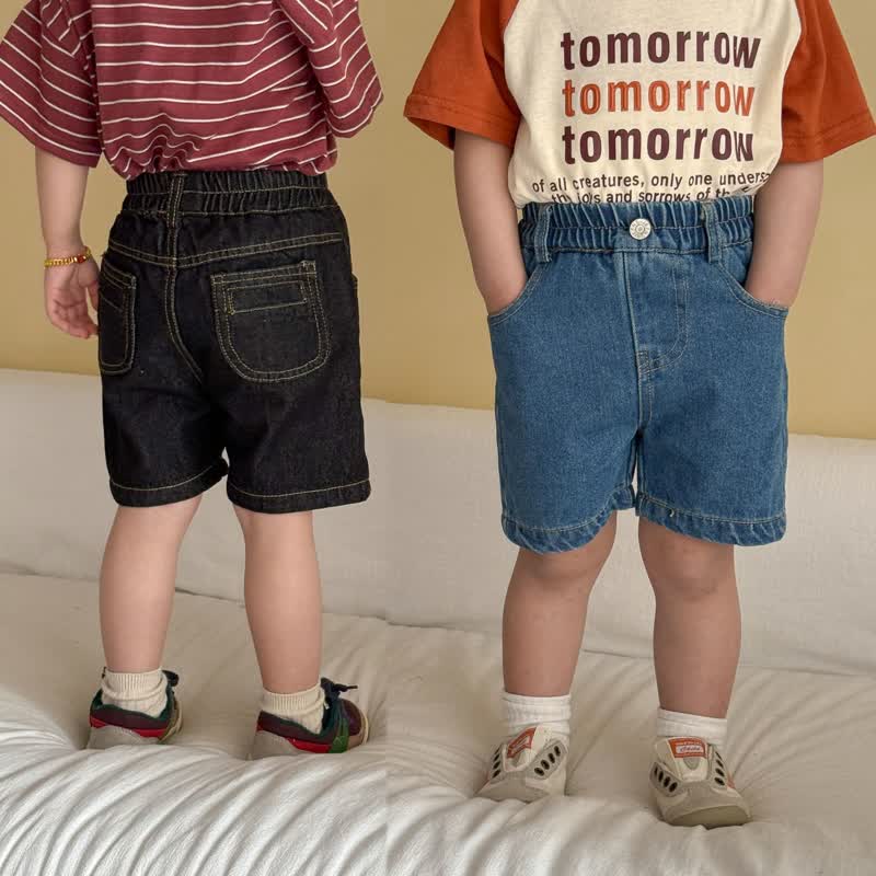 幼児・子供用 無地 ゴムウエスト デニムショートパンツ - image 1