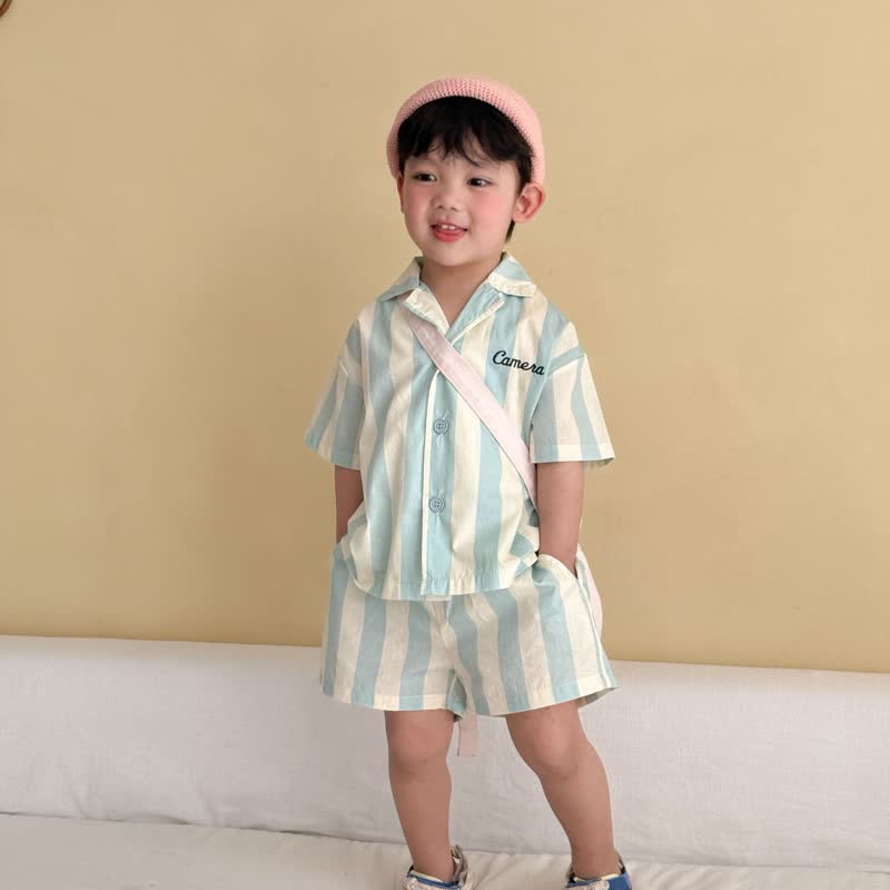 CAMERA幼児用キッズ ストライプ柄 コットンリネン カジュアルセット - 青 - 10-11歳 - image 3
