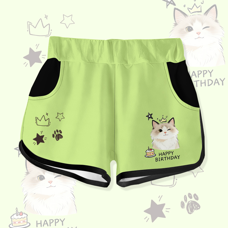 HAPPY zum Geburtstag, Wink Cat Cake Graphic Modakawa Shorts - Green - 5XL - image 3