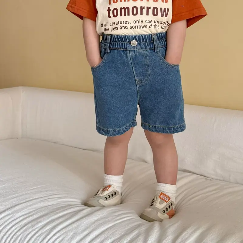 幼児・子供用 無地 ゴムウエスト デニムショートパンツ - 青 - 10-11歳 - image 2